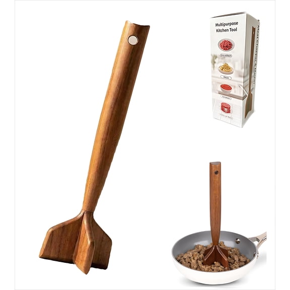 Teak Wood Meat Chopper, Ground Beef Masher & Chicken Shredder, 10.5 Inch Wooden Meat Masher Tool for Kitchen, Non-Stick Cookware Safe