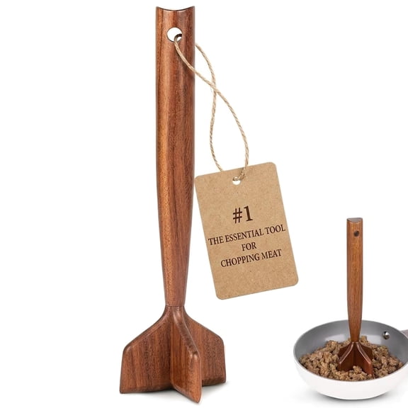 Teak Wood Meat Chopper and Ground Beef Masher, Potato Mashers,10.3 Inch Wooden Handle, Durable Wood Meat Pounder Kitchen Utensil