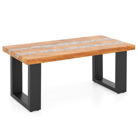 Teak Wood Outdoor Patio Table, Handcrafted River Style Epoxy Resin Tabletop, Weatherproof Garden Dining Center Table