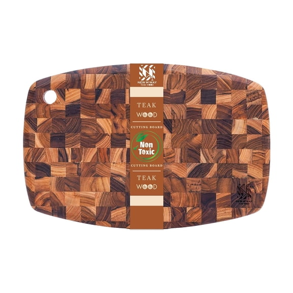 Teak Wood Oval End Grain Cutting Board 11.8 x 7.9 Inch, Small Solid Wood Kitchen Cutting Board for Fruit & Cheese Prep, Decorative Serving Board with Hanging Hole by New M Way