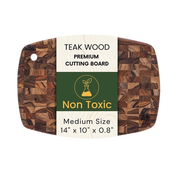 Teak Wood Oval End Grain Cutting Board 13.8 x 9.8 Inch, Small Solid Wood Kitchen Cutting Board for Cheese & Fruit Prep, Decorative Serving Board with Hanging Hole by New M Way