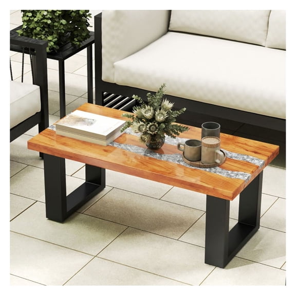 Teak Wood Patio Table with Epoxy River Design - 40" Outdoor Coffee Table - Natural Finish - Durable HDPE & Shell Accents - Living Room & Patio Furniture