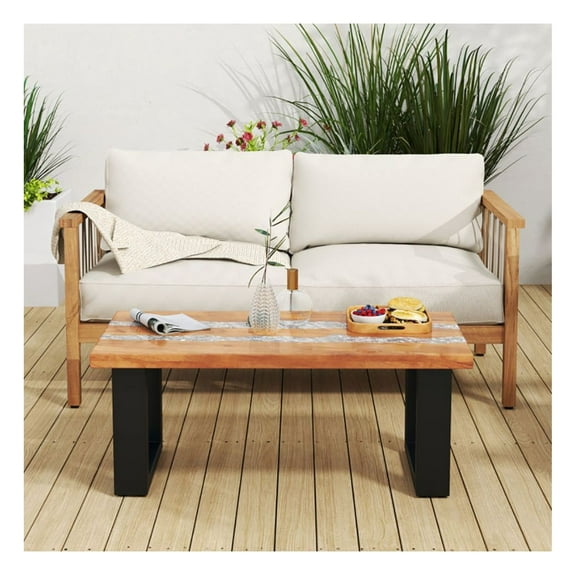 Teak Wood Patio Table with Epoxy River Design, 40" Outdoor Coffee Table, Natural Finish, HDPE & Shell Tabletop, Indoor/Outdoor Use, Living Room & Patio Furniture