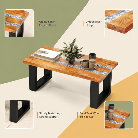 Teak Wood Patio Table with River Feel Epoxy Tabletop, Indoor Outdoor Coffee Table, Spacious Tabletop