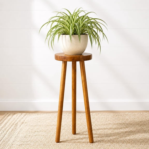 Teak Wood Plant Stand, 30" Round Side Table, Wood Accent Table