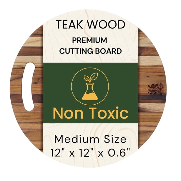 Teak Wood Round Cutting Board 12 Inch, Thin Edge Grain for Kitchen Prep, Cheese, Fruit, Serving - Lightweight Solid Wood Platter w/Hanging Hole, Non-Toxic by New M Way