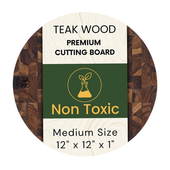 Teak Wood Round End Grain Cutting Board 11.8 Inch, Non Toxic Solid Wood Cutting Board for Kitchen Prep, Pizza & Serving Board with Handle by New M Way
