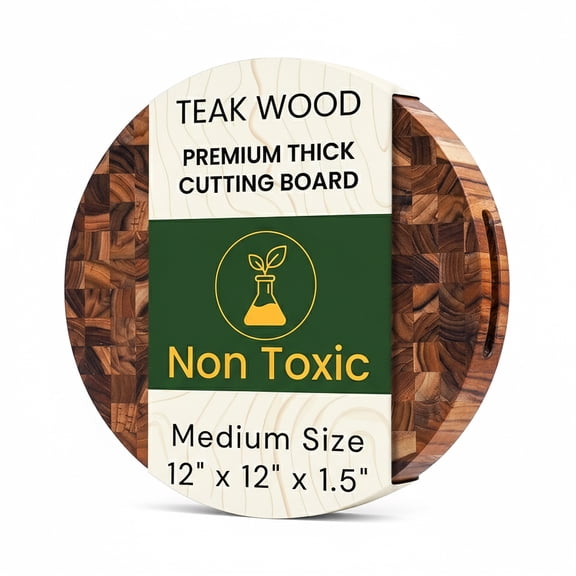 Teak Wood Round End Grain Cutting Board 12 Inch, Extra Thick Butcher Block Cutting Board for Meat & Kitchen Prep, Pizza Serving Board by New M Way