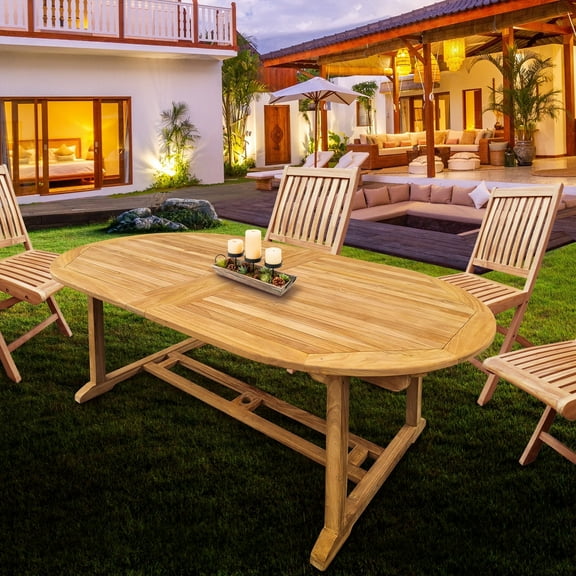 Teak Wood Santa Cruz Oval Double Extension Outdoor Patio A-Grade Teak Dining Table, 78 to 118 inches