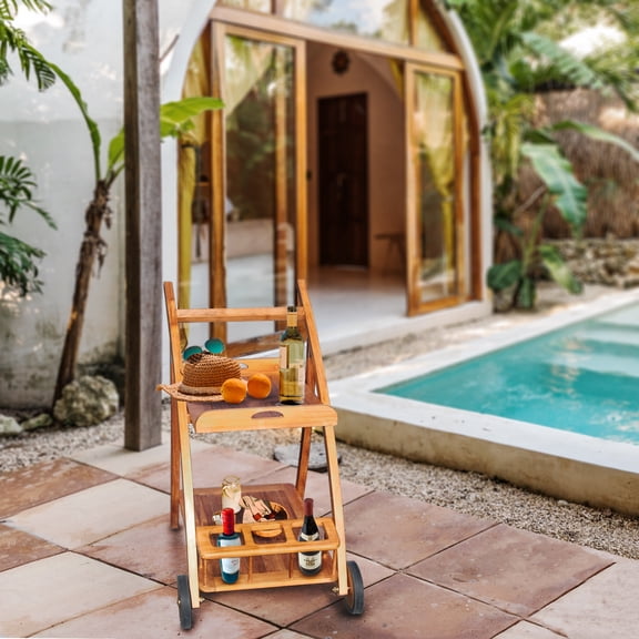 Teak Wood Serving Trolley with Serving Tray, Bottle Holders and Rubber Wheels