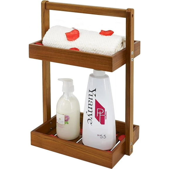 Teak Wood Shower Caddy Corner, 2 Tier Bathroom Organizer Countertop, Standing Rack with Handle, Stand Up Basket for Shampoo, Shelf Inside Shower, Kitchen Desktop