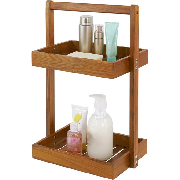 Teak Wood Shower Caddy Corner, 2 Tier Bathroom Organizer Countertop, Standing Shower Rack with Handle, Stand Up Shower Basket for Shampoo, Shelf Rack for Inside Shower, Kitchen Desktop