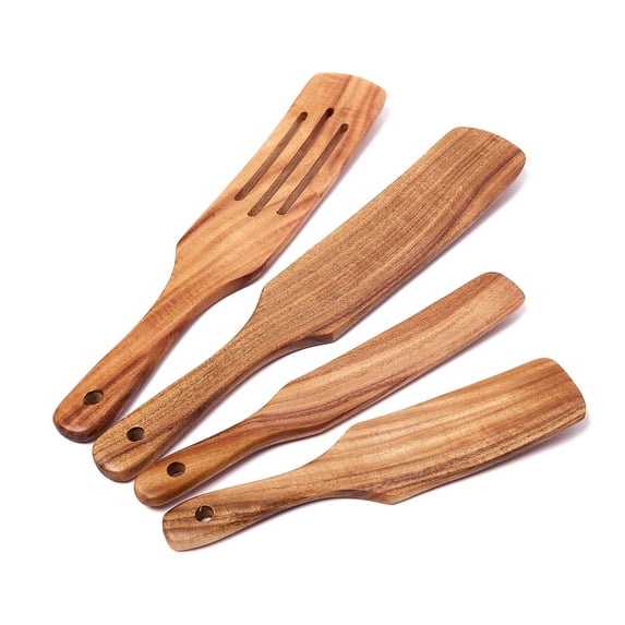 Teak Wood Spurtle Set, Pack of 4 Wooden Utensils, Four Different Types and Sizes. Hangable Teak Wood Spurtles By HiveSun