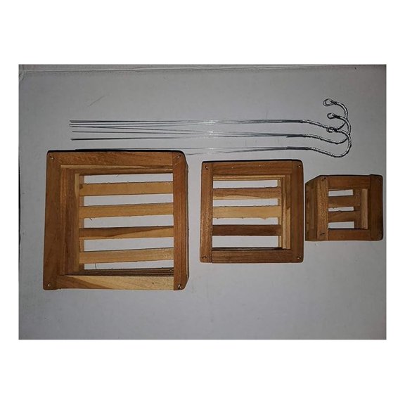 Teak Wood Square Orchid and Plant Baskets Set of 3. 1 Each 4, 6 and 8 Inch with 3-20 inch Hangers.