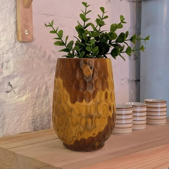 Teak Wooden Handcrafted Vase Natural Wood Pot 6.7" x 6.7" x 9.5"H Handmade Rustic Flower Holder for Entry Table Brown Stain Vintage Artworks Planter for Living Room Home Décor