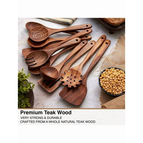 Teak Wooden Spoons Set of 10, Smooth Finish Kitchen Utensils, Non-Stick & Heat Resistant for Cooking Baking, Gift in Box Home Decor
