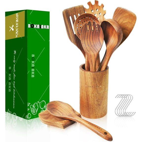 Teak Wooden Spoons for Cooking - 9 Pcs Comfort Grip Kitchen Utensil Set with Holder & Rest