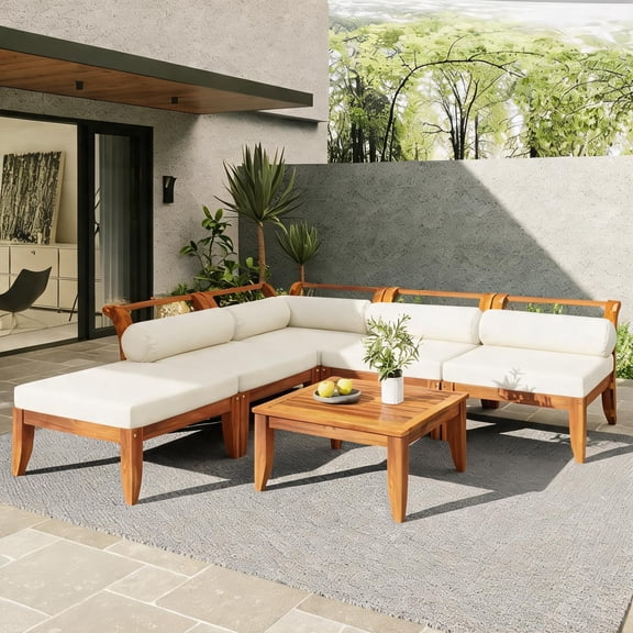 Teak and Neutral Beige Solid Acacia Wood 6-Piece Modular Patio Furniture Set, Seats 4 for Outdoor Garden Lounging, Rustic Contemporary Style