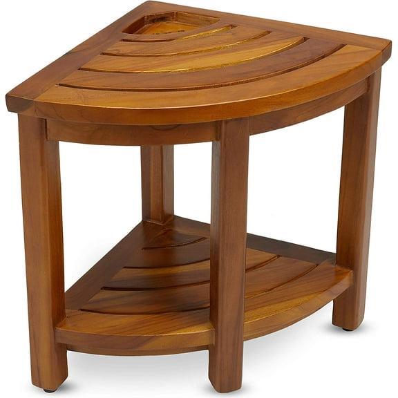 TeakCraft Teak Corner Bench with Shelf and Basket, Fully Assembled, 16 Inch, The Loki