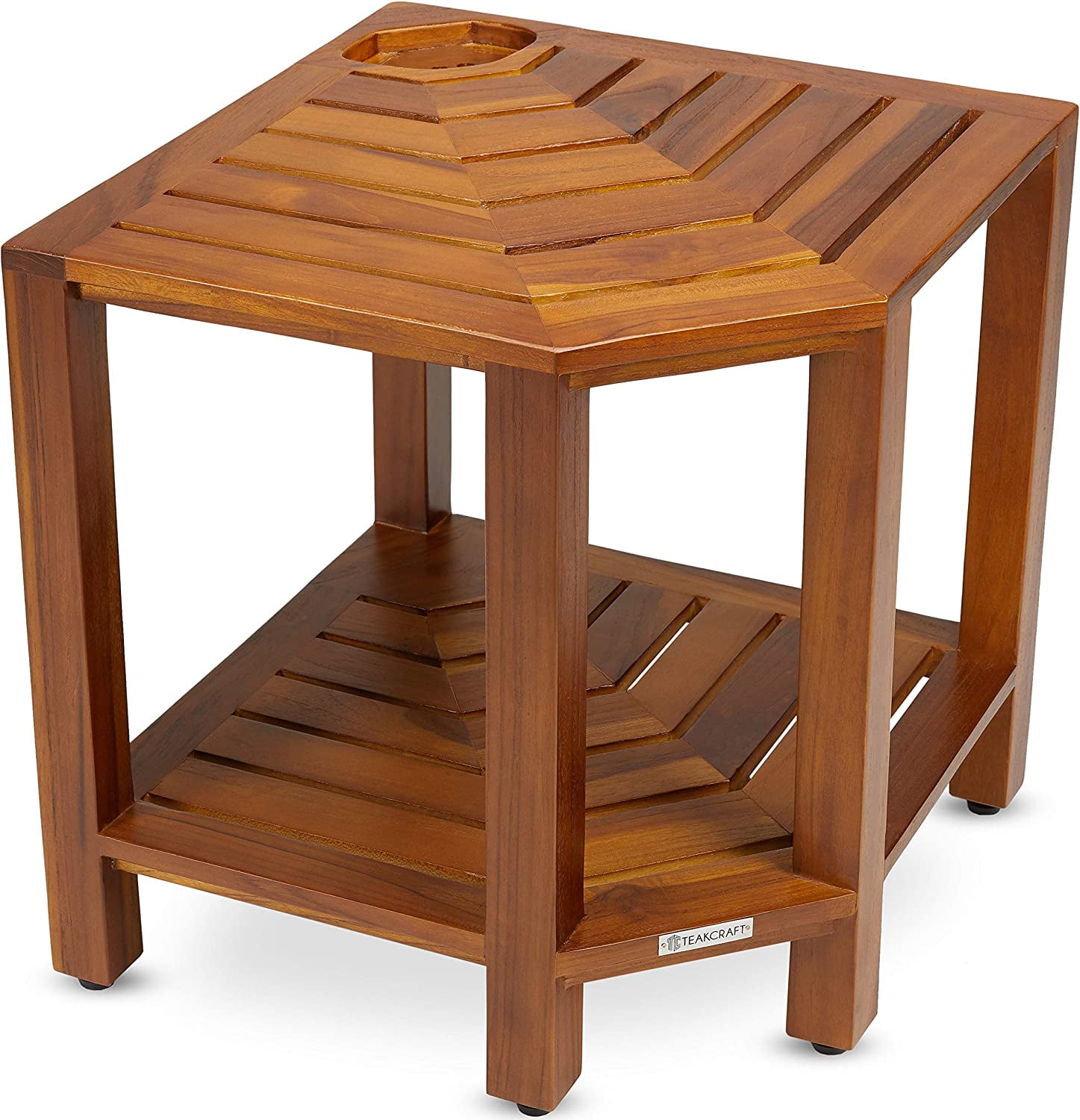 TeakCraft Corner Shower Bench With Shelf & Basket - 17.5 Inch, Fully Assembled Teak Wood