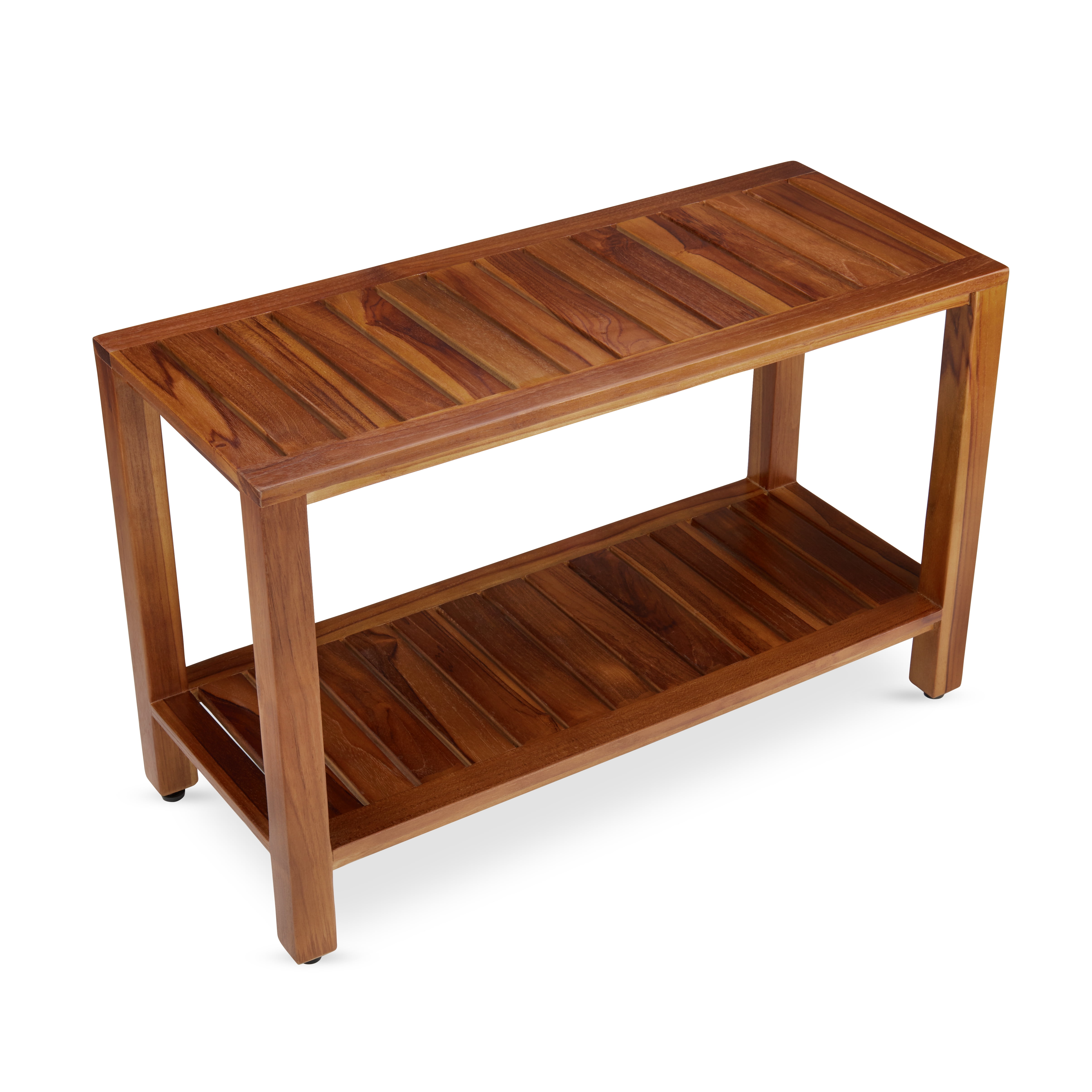 TeakCraft Teak Wood Shower Bench with Shelf, 30 Inch Wooden Bath Seat