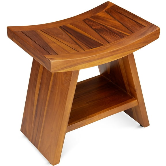 TeakCraft Teak Shower Stool with Shelf Water Resistant, Non-Slip Premium Indonesian Teak Wood Bath Seat Bench for Shower Fully Assembled Wood Spa Bath Organizer Seat with Leveling Feet, The Randi
