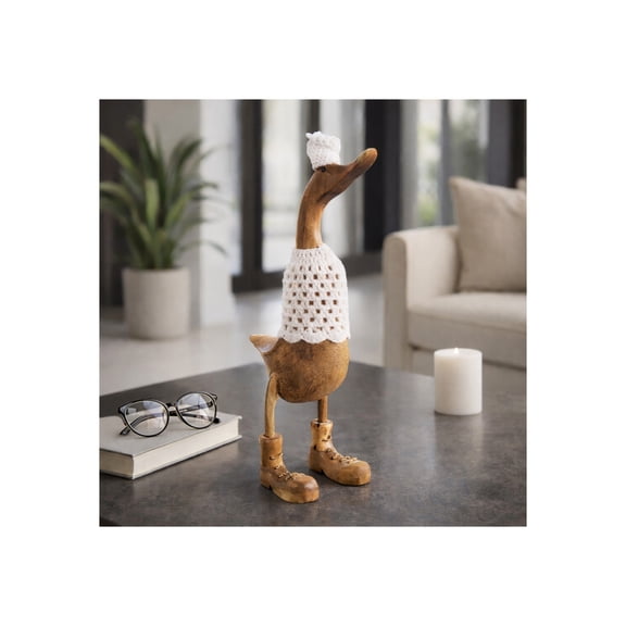 Teakwood Winter Duck Figurine for Home Decor Accents - Fun Ornament for Bathroom Vanity, Office, and Living Room Decor - Decorative Sculpture for Shelf and Coffee Table - 20", Tan & White