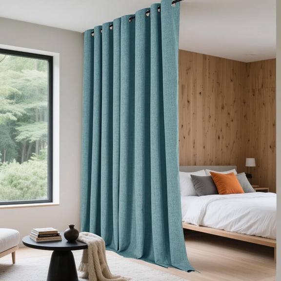 Teal 100% Blackout Extra Wide Curtains for Sliding Door, Thick Textured Linen Look, Anti-Rust Grommet, Skylark Blue, 1 Panel, W100xL95 Inches