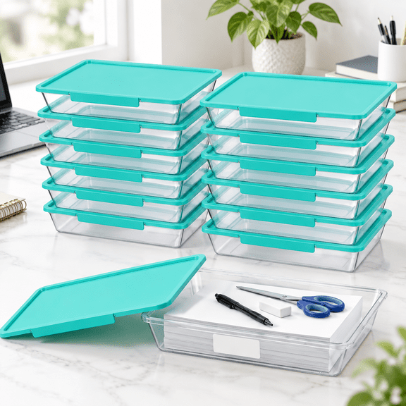 Teal 12 Pack Letter Size Paper Storage Bins with Latching Lids