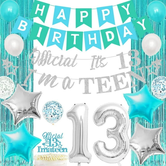 Teal 13th Birthday Decoration for Girls Teal Birthday Balloons Decorations Official It's 13 I'm a Teen Happy Birthday Banner Cake Topper Teal Fringe Curtains for Girls 13th Birthday Party Supplies