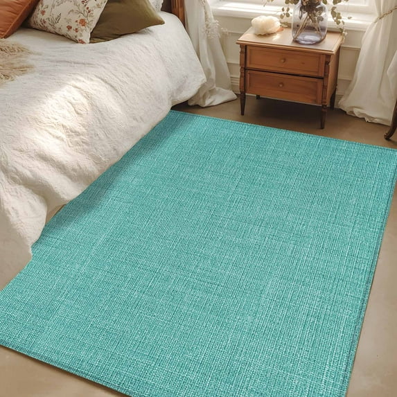 Teal 2.7x5 Area Rugs, Farmhouse Burlap Solid Green Color Modern Linen Texture Non-Skid Rubber Backing Large Rectangle Rugs - Living Room Bedroom Home Office, Indoor Floor Mat Carpets Washable Rug