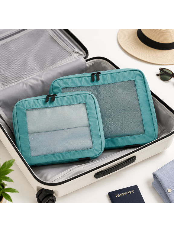 Teal 2-Pack Nylon Twill Travel Packing Cubes with Breathable Mesh Tops