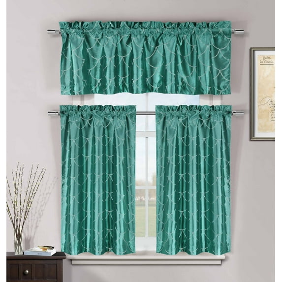 Teal 3 Pc Kitchen Window Curtain Set: Faux Silk, Metallic Raised Pin Dots Fish Scale Design
