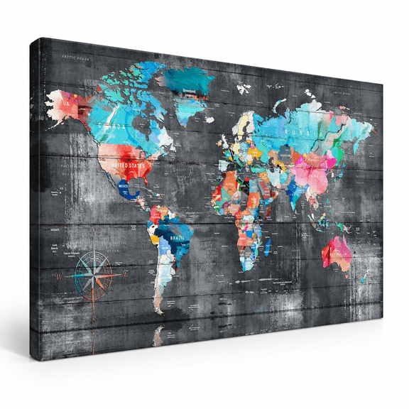Teal 40"L x 20"W Canvas World Map Wall Art Ready to Hang Bedroom Decor