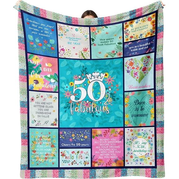 Teal 50 and Fabulous Floral Collage Throw Blanket Soft Plush Fleece with Crown and Inspirational Quotes for Her Birthday Gift Home Decor