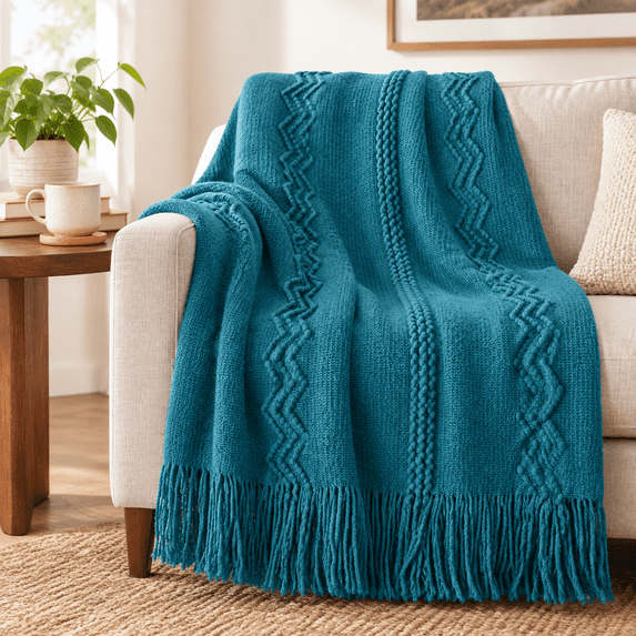 Teal 50 x 60 in. Knitted Throw Blanket with Fringe Geometric Pattern ...