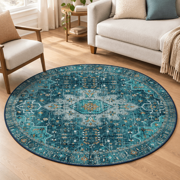 Teal Rug Teal 6' Round Ultra-Thin Washable Vintage Area Rug for Living Room ...