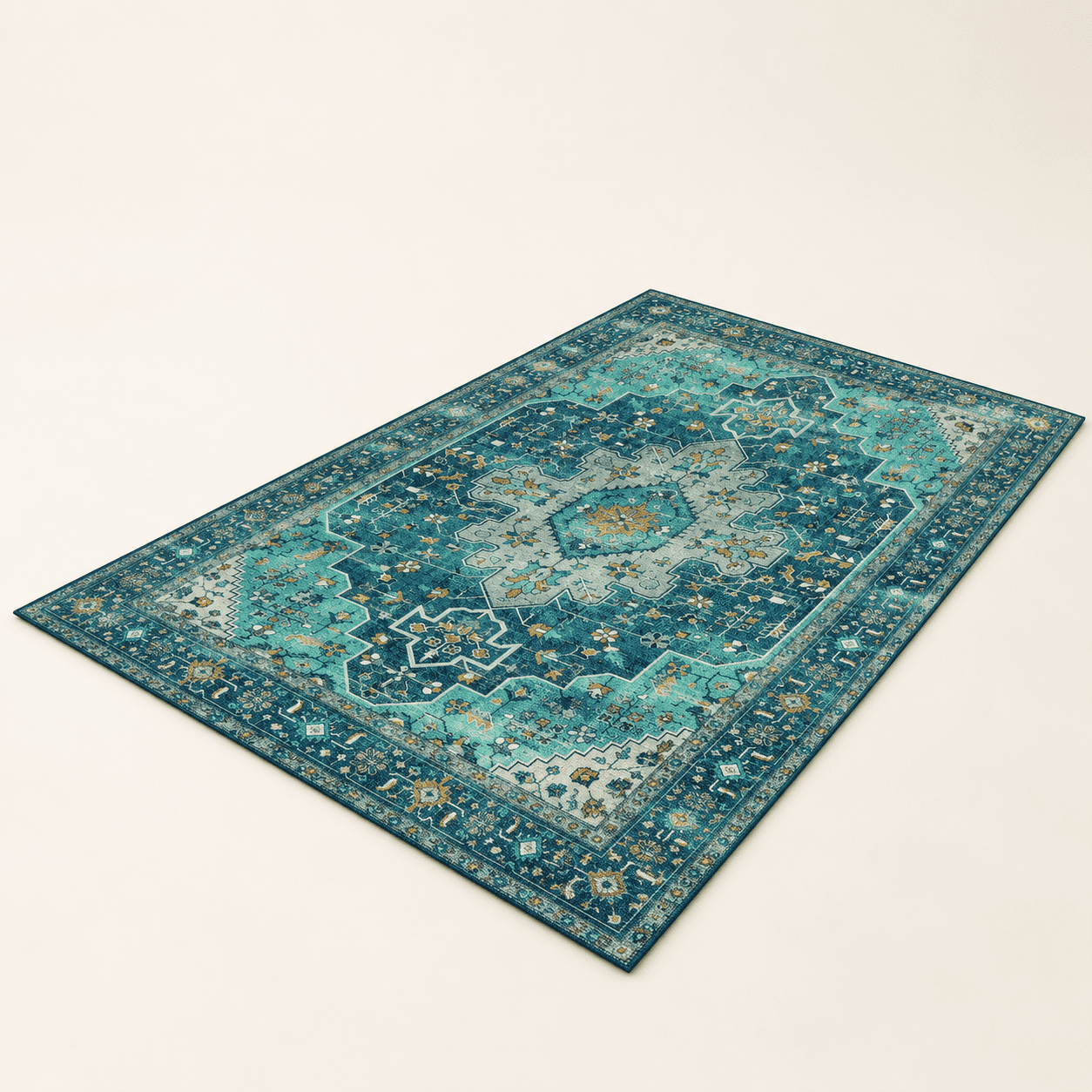 Teal Rug Teal 6' x 9' Ultra-Thin Washable Oriental Medallion Area Rug for Home ...