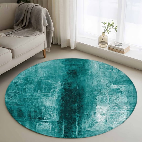 Teal Abstract 4FT Round Area Rugs for Living Room Vintage Graffiti Mottled Texture Ultra-Thin Non-Slip Round Rugs Machine Washable Low Pile Circle Carpet for Bedroom Kitchen Nursery