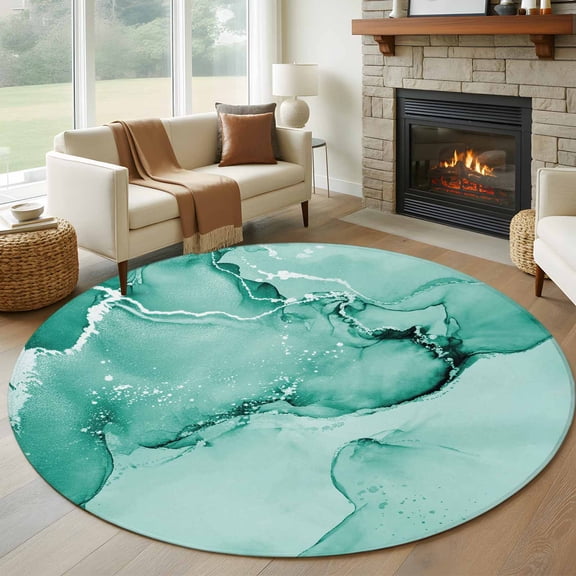 Teal Abstract 7FT Round Area Rugs for Living Room Silver Marble Ripples Clouds Luxury Fluid Art Ultra-Thin Non-Slip Round Rugs Machine Washable Low Pile Circle Carpet for Bedroom Kitchen Nursery