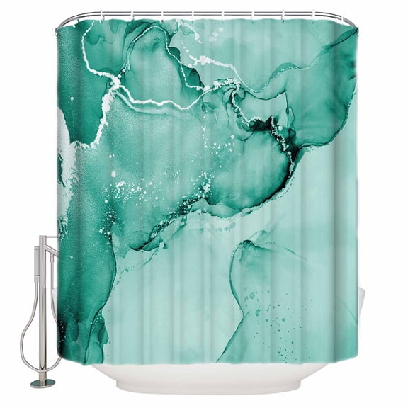 Teal Abstract Bathroom Shower Curtains with Hooks, Silver Marble Ripples Waterproof Fabric Washable Shower Curtain for Home Hotel Bathtub Decor 72x72 Inch