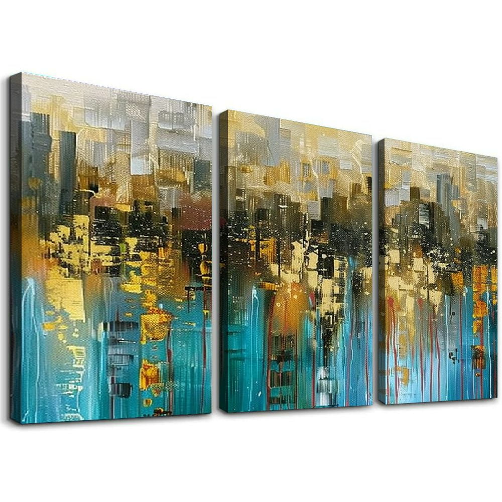 Teal Abstract Cityscape Canvas Wall Art Modern Skyline Gold Textured