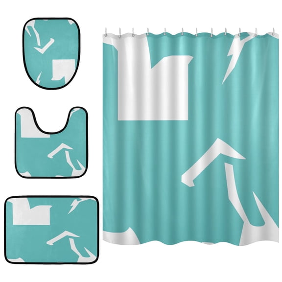 Teal Abstract Design Bathroom Accessory Curtain Sets Bath Curtain Anti-Slip Mats and Toilet Pad 66x72in