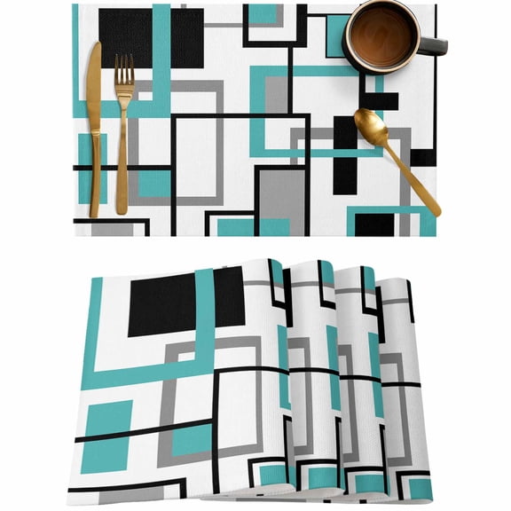 Teal Abstract Geometric Retro Mid Century Placemats Set of 4,Wipeable Washable Table Mats for Dining Tables,Nordic Style Place Mats for Kitchen Event Party Tabletop Decor