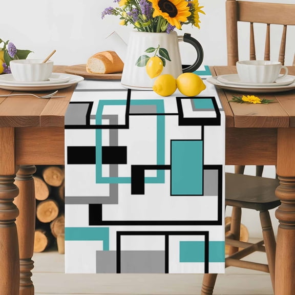 Teal Abstract Geometric Retro Mid Century Table Runner 36 Inches Long, Nordic Style Table Runners Tabletop Scarf Kitchen Dining Tables Decoration for Home Party Indoor Outdoor