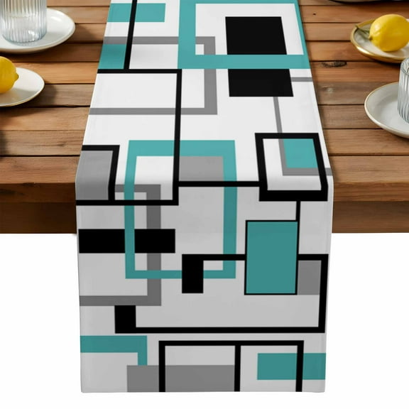 Teal Abstract Geometric Retro Mid Century Table Runner Dresser Scarf,Kitchen Dining Table Decoration Nordic Style Linen Table Runners for Home Wedding Indoor Outdoor Party,13x70in