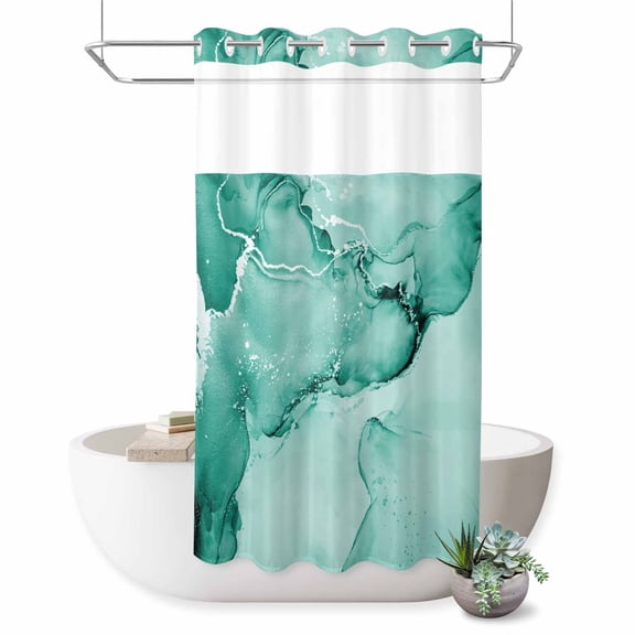 Teal Abstract No Hook Shower Curtain Silver Marble Ripples Clouds Luxury Fluid Art Shower Curtain with See Through Top Window, Waterproof Washable Fabric Curtain for Bathroom Hotel Decor, 36Wx72L
