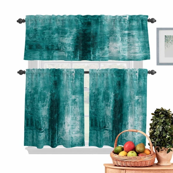 Teal Abstract Kitchen Curtains Valances 3 Piece Set, Vintage Graffiti Rod Pocket Tier Curtain and Valance Drapes for Small Window 24 Inch Length for Bedroom Cafe
