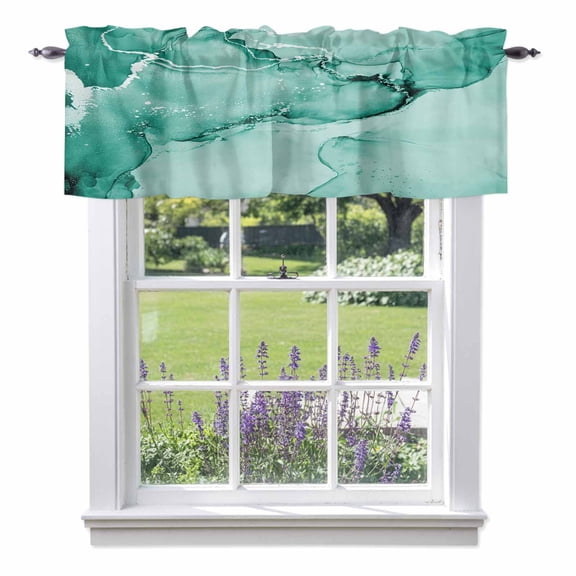 Teal Abstract Kitchen Valances, Silver Marble Ripples Clouds Luxury Fluid Art Rod Pocket Window Valance 18 Inch Long, Window Curtain Panels for Living Room Bedroom Laundry, 54x18in