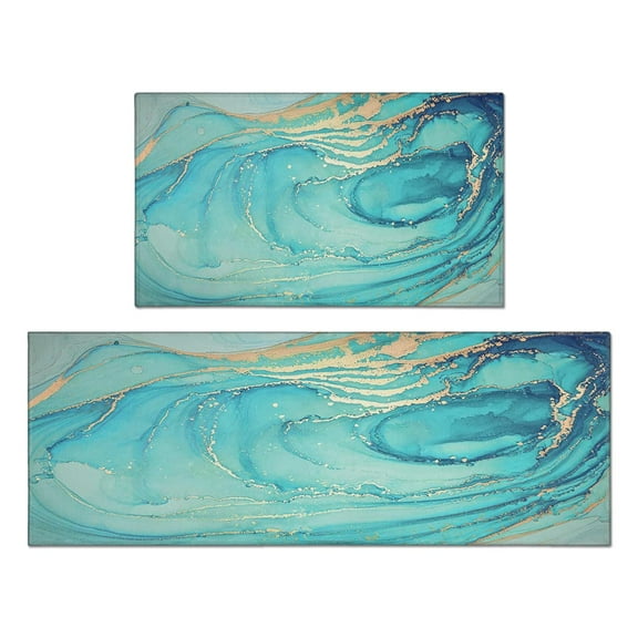 Teal Abstract Marble Kitchen Rug Mat Turquoise Kitchen Rugs 2 PCS Cushioned Anti-Fatigue Comfort Standing Kitchen Floor Mat Non Slip Washable Runner Mat for Sink Laundry Kitchen